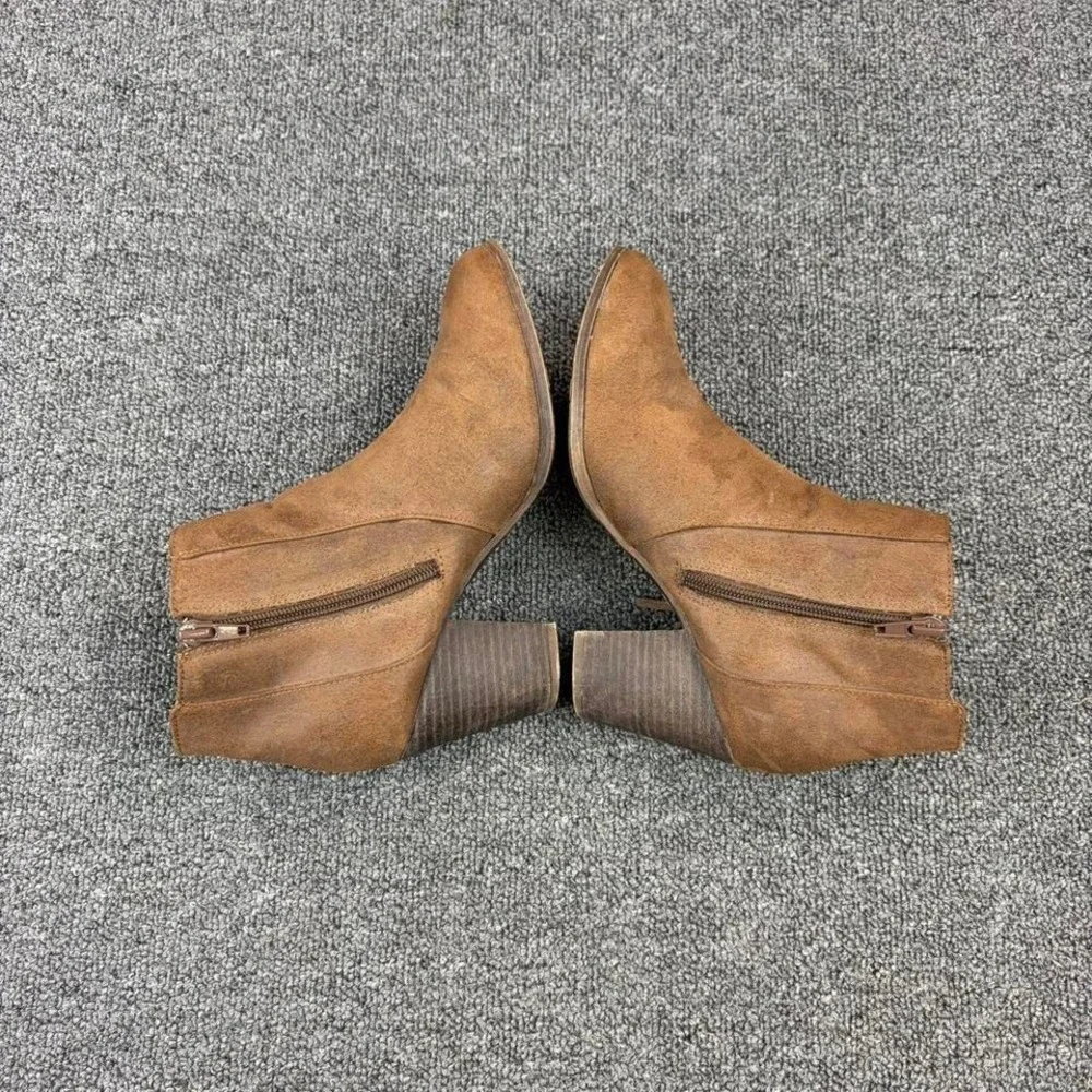 Women's Brown Suede Leather Fringe Tassel Heel Side Zip Booties Boots Size 6.5 M